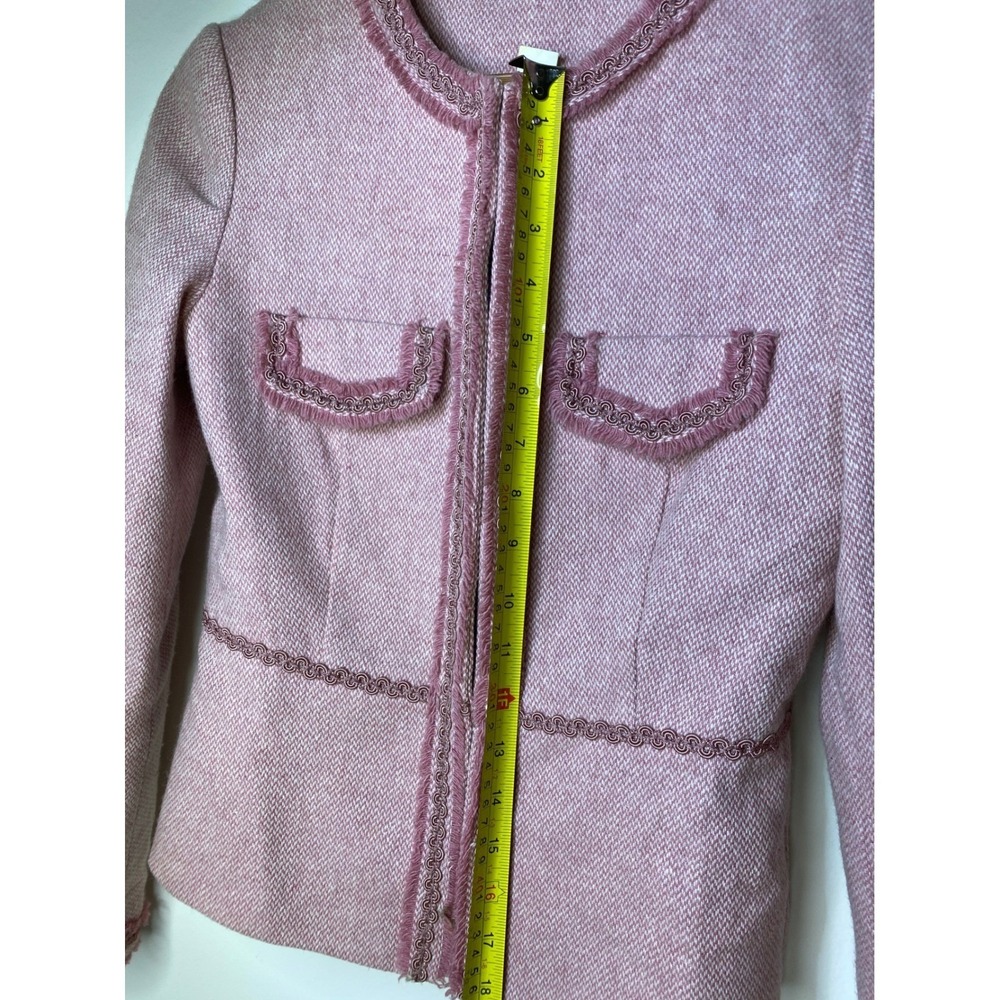VTG Chic Pink Tweed Collarless Jacket Blazer Women Embellished Trim lined nice! - Picture 13 of 15